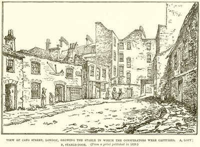 Udsigt over Cato Street, London, der viser stalden, hvor de sammensvorne blev fanget af English School