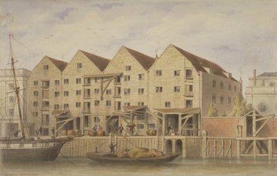 Udsigt over Chamberlains Wharf, Tooley Street, 1846 (wc på papir) af English School