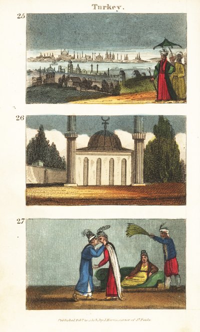 Udsigt over Konstantinopel (Istanbul) i begyndelsen af det 19. århundrede 25, muslimsk moské med kuppel og minareter 26, og unge græske kvinder, der kysser hinanden på øjnene 27 af English School