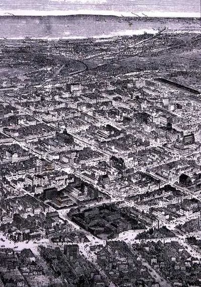 Udsigt over Melbourne, med udsigt mod syd til havet, fra "Australian Pictures", udgivet af The Religious Tract Society. af English School
