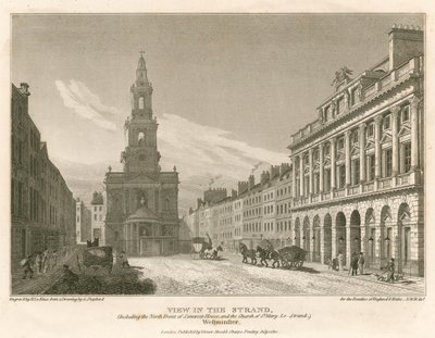 Udsigt over The Strand, inklusive nordfronten af Somerset House og Church of St Mary-Le-Strand, Westminster, London af English School
