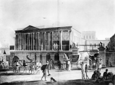 Udsigt over et hus, en fabrikk og en basar, i Calcutta, indgraveret af Francis Jukes, 1795 (akvatint) af English School