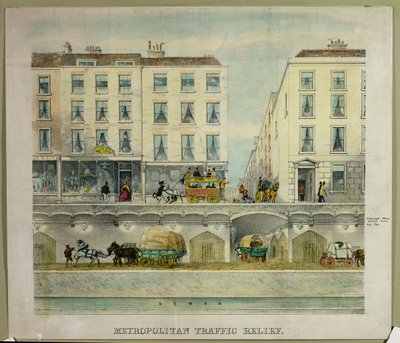 Udsigt over en gade i London med en foreslået tunnel under til aflastning af trafikken, ca. 11850 (litografi) af English School