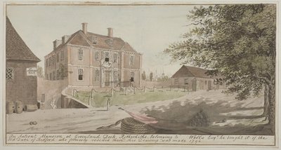 Udsigt over et gammelt palæ ved Grønlandshavnen i Rotherhithe, Bermondsey, 1796 (wc på papir) af English School