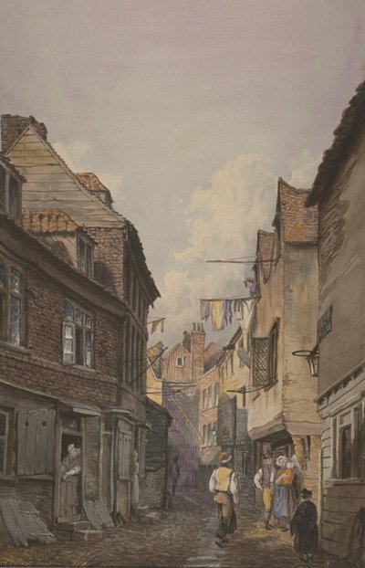 Udsigt over figurer i Glean Alley, Bermondsey, ca. 1825 (wc på papir) af English School