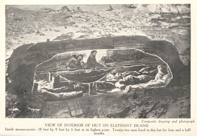 Udsigt over hyttens indre på Elephant Island, fra 