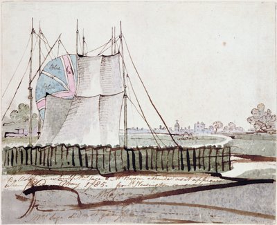 Udsigt over ballonen i Newington Causeway, maj 1785 (blæk og wc på papir) af English School