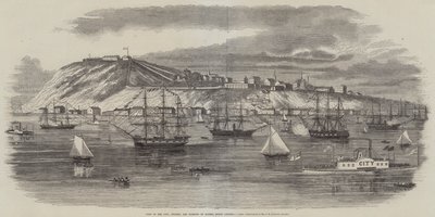 Udsigt over byen, citadellet og havnen i Quebec, Nordamerika (kobberstik) af English School