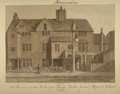 Udsigt over Coopers Arms Inn, Russell Street, 1828 (vask på papir) af English School