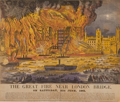 Udsigt over Cottons Wharf Fire, 1861 (farvet træsnit) af English School