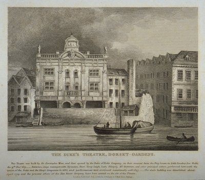 Ansicht des Dukes Theatre, Dorset Gardens, von der Themse aus, 1814 von English School