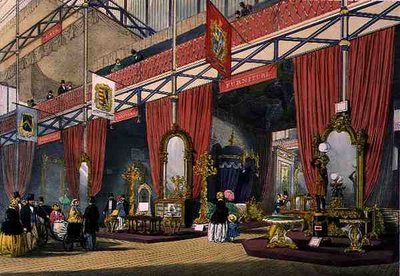 Udsigt over møbelsektionen af den store udstilling i 1851, fra Dickinsons omfattende billeder (farve litho) af English School