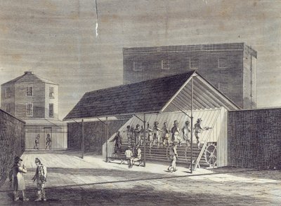 Udsigt over den trædemølle til beskæftigelse af fanger, opført ved fængselshuset i Brixton, udgivet af Gent. Mag., juli 1822 af English School
