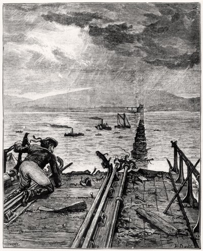 Udsigt over den ødelagte Tay Bridge fra den nordlige ende af English School