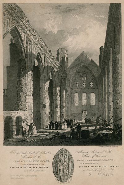 Udsigt over ruinerne af St Stephens Chapel efter dets ødelæggelse af brand af English School