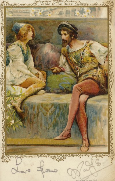 Viola and the Duke i William Shakespeares spiller Twelfth Night af English School