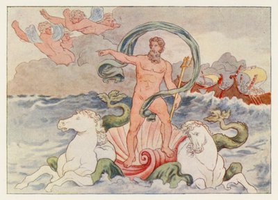 Virgils Aeneid: Neptun stiller the Waves (farve litho) af English School