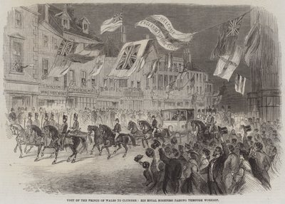 Besøg af prinsen af Wales til Clumber, Hans Kongelige Højhed, der passerer gennem Worksop (gravering) af English School