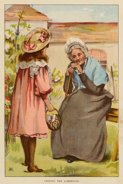 Besøg i Almshouse (farve litho) af English School