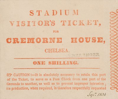 Besøgsbillet til The Stadium, Cremorne House, London, september 1836 af English School