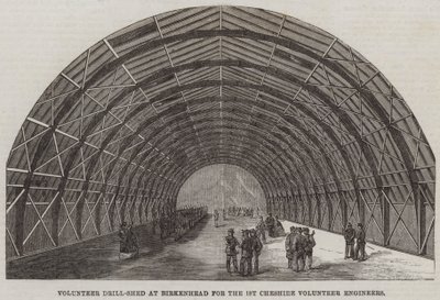 Freiwillige Drillhalle in Birkenhead für die 1. Cheshire Volunteer Engineers (Stich) von English School