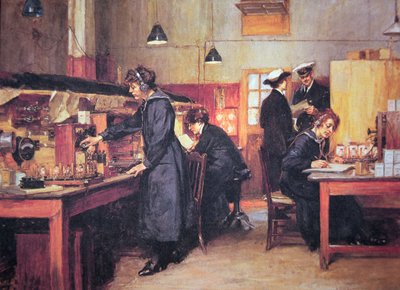 WWI kvindelige radio- og telefonoperatører af Royal Navy (farve litho) af English School