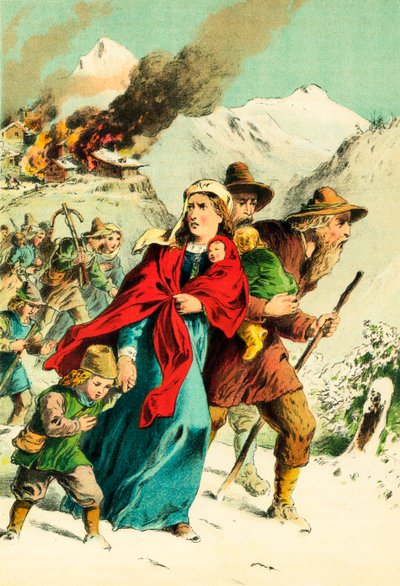 Waldenser fliehen aus dem brennenden Dorf von English School