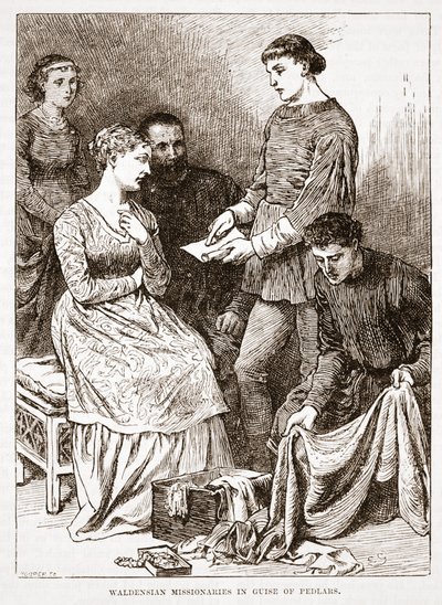 Waldensiske missionærer i skikkelse af Pedlars, illustration fra The History of Protestantism af James Aitken Wylie (1808-1890), pub. 1878 af English School