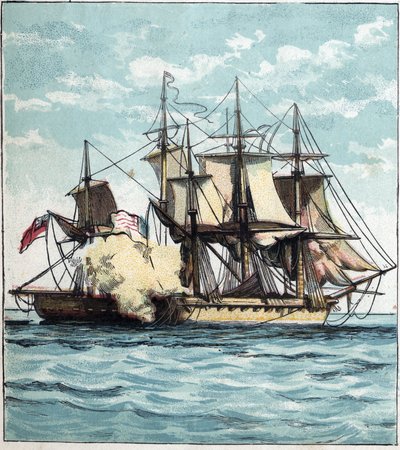Krig i 1812 mellem USA og Storbritannien: Chesapeake fregatten under søslaget mod den britiske fregat "" Shannon"" den 01/06/1813 ud for Boston. 