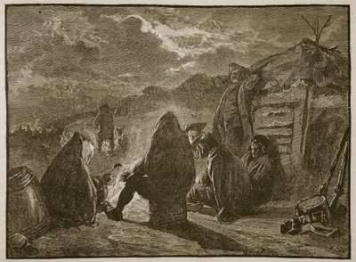 Washington ved lejrbålet ved Valley Forge, illustration fra Cassells Illustrated History of England (sepiafoto) af English School