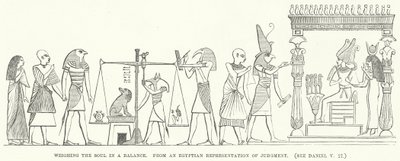Vejning af sjælen i en vægt, fra en egyptisk fremstilling af dom (gravering) af English School