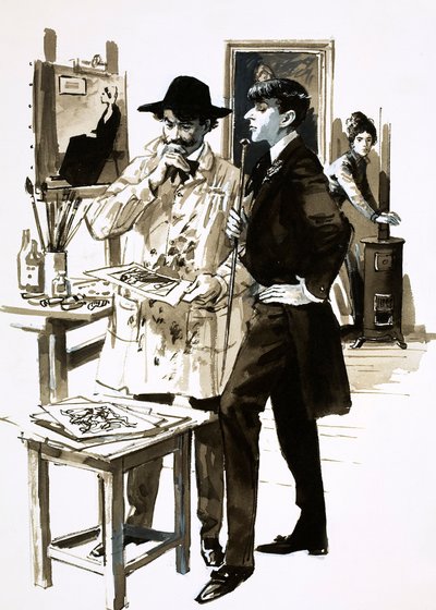 Whistler og Aubrey Beardsley (gouache på papir) af English School