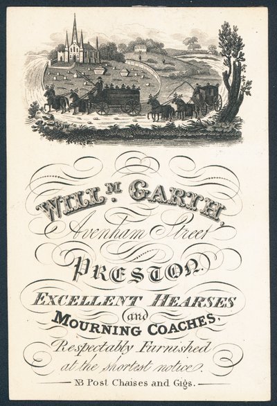 William Garth, leverandør af fremragende rustvogne og sørgevogne, fagkort af English School