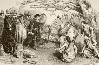 William Penn indgår en traktat med Delaware- eller Lenape-indianerne i 1682 (litho) af English School