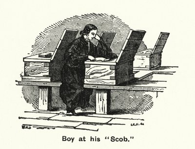 Winchester College: Boy at his "Scob" (gravering) af English School