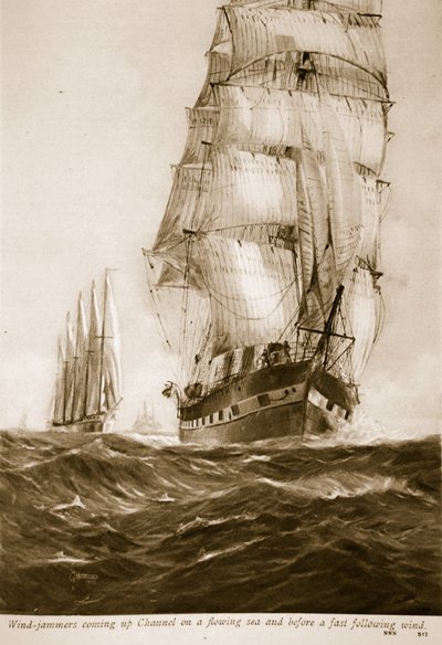 Vind-jammere kommer op af Kanalen på et strømmende hav og før en hurtig følgevind, 1914-19 af English School