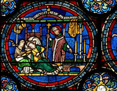 Vindue n4, der viser en scene fra et St Thomas Becket Miracle-vindue: Julia Puintel fik besked på at gå til graven af English School