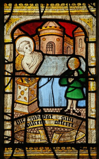 Vindue n5, der forestiller St. Neot, er syg og kræver en fisk af English School