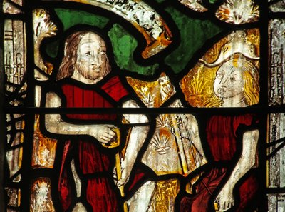 Fenster Nr. 1 zeigt Adam gräbt, während Eva spinnt von English School