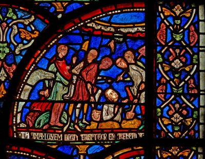 Window s7, der viser en scene fra et St Thomas Becket Miracle-vindue: William af Gloucester begravet og afsløret af English School