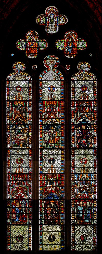 Vindue w39, der forestiller St Laurence, St Denys og St Eleutherius martyrdomme af English School