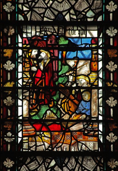 Vindue w58, der viser en scene fra historien om St. Thomas Becket - en ilandstigningsscene af English School