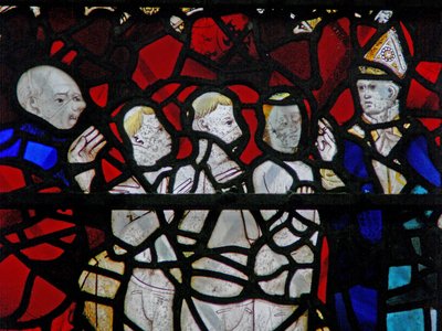 Vindue w6 viser en scene fra en legende om St. Nicholas: miraklet med 3 drenge: de tre drenge i badekarret af English School