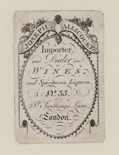 Vinhandlere, Joseph Allicocke, handelskort af English School