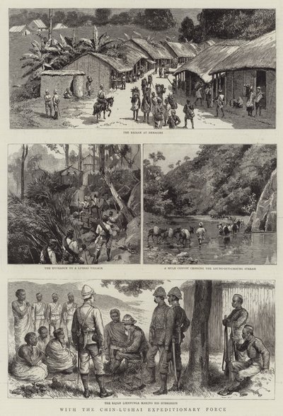 Mit der Chin-Lushai-Expeditionsstreitmacht (Gravur) von English School