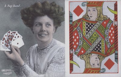 Kvinde med spillekort og Jack of Diamonds (farve litho) af English School