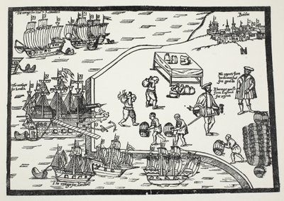 Træsnit, der illustrerer vinhandelen mellem Bordeaux og England af English School