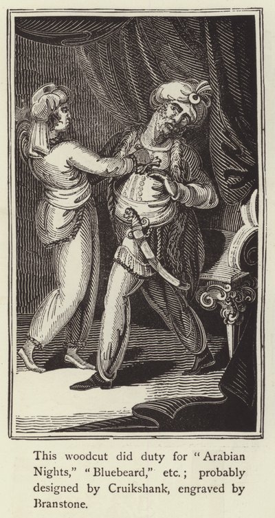 Træsnit, der gjorde pligt til Arabian Nights, Bluebeard, osv. (gravering) af English School