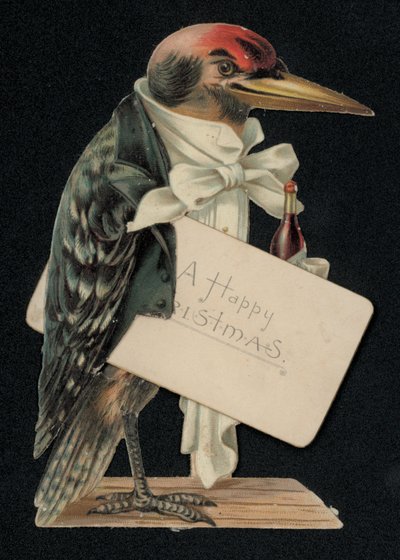 Spætte klædt ud som tjener eller butler, julehilsenskort (chromolitho) af English School