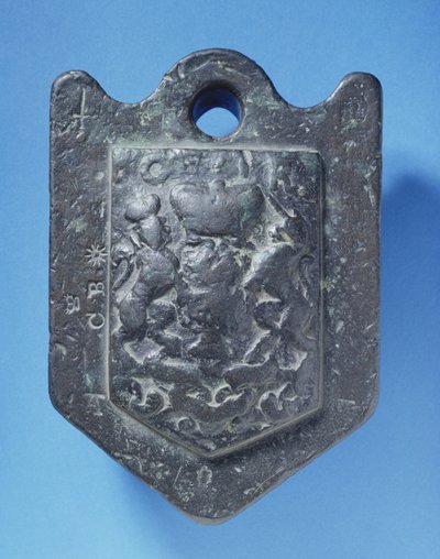 Uldvægt (14 pund) støbt med Stuart-armene og stemplet C.B, 1600-tallet (bly) af English School